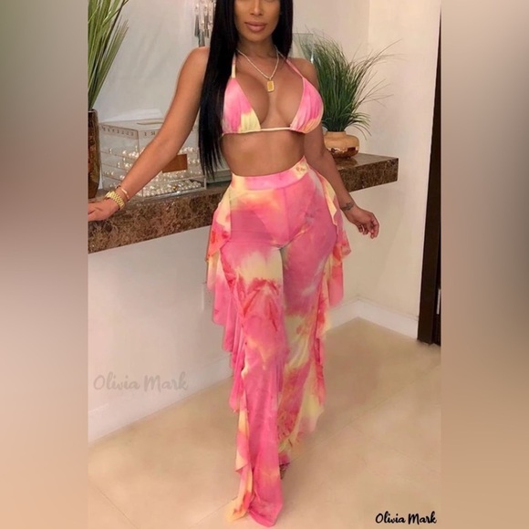 NIB Striped Pink Blue Sexy Halter Mesh Sheer Bikini 2 Piece Pants Outfit Large - Picture 2 of 11